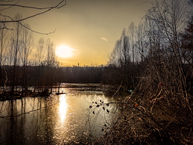 Sunset over a perfectly calm lake with a visible green laser line skimming the surface – illustrating Earth’s gentle curvature.